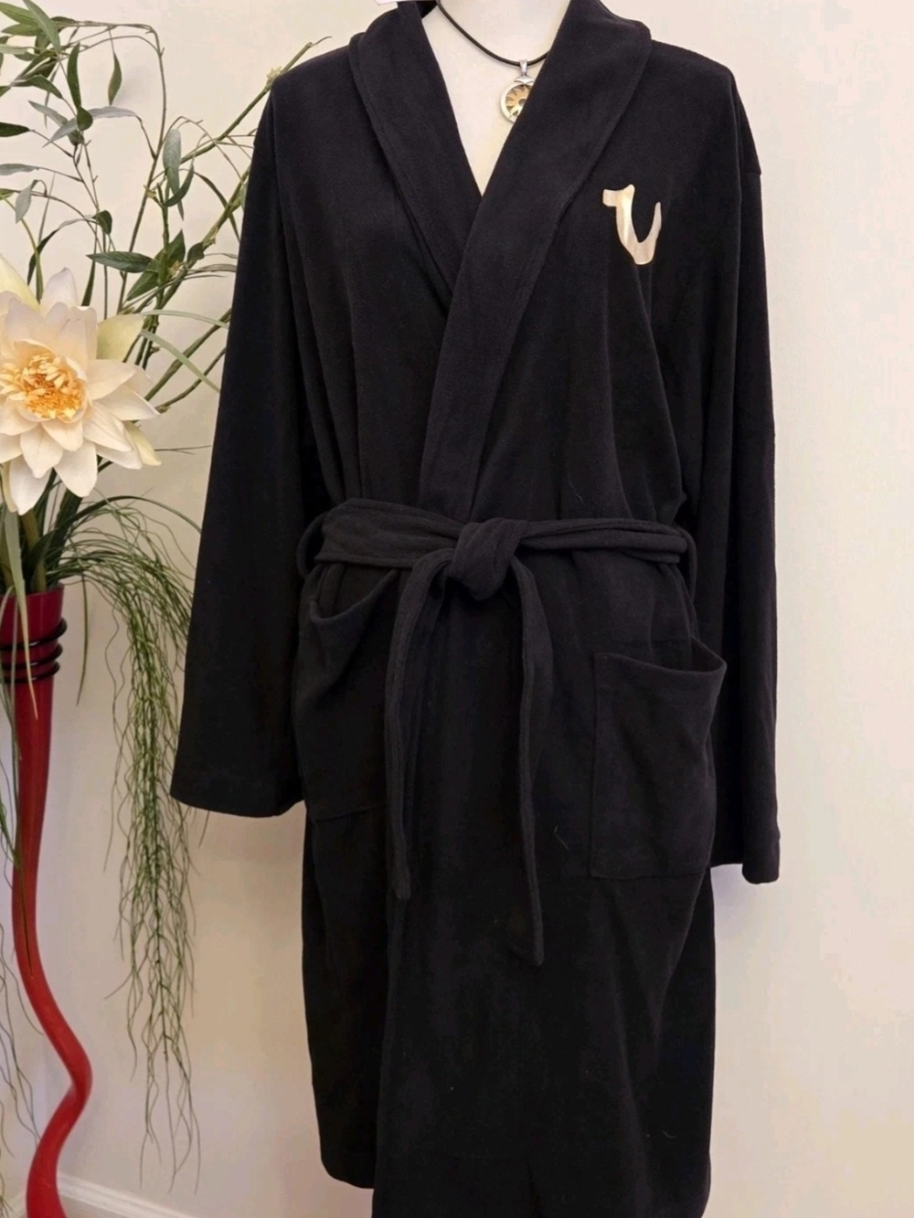 True Religion Black Plush Robe with Gold Logo